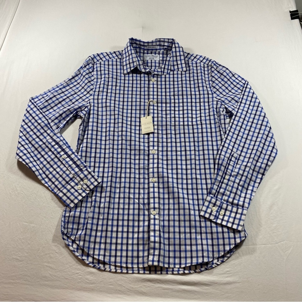 Lucky Brand Shirt Men’s Medium window pane stripes Blue White long sleeve Shirt